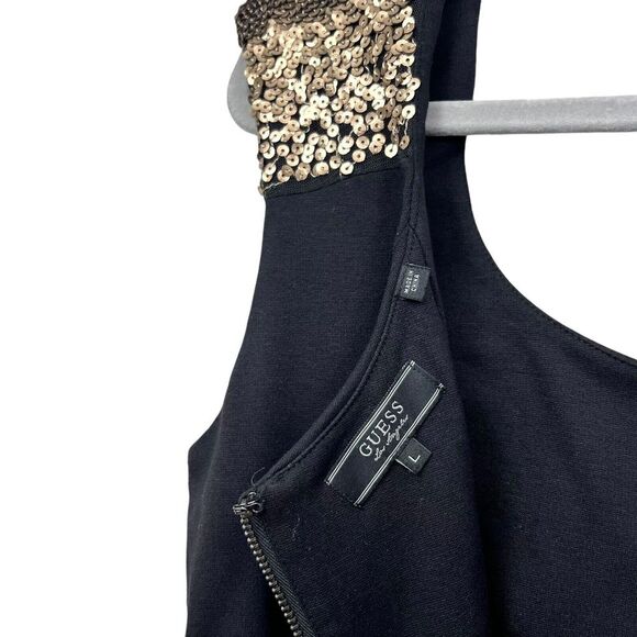 Guess Womens Mini Dress Gold Sequin Shoulders Stretch Back Zip Black Sz L - Picture 6 of 6
